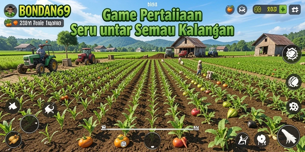 Screenshot gameplay BONDAN69 menampilkan kebun yang luas dan beragam tanaman.