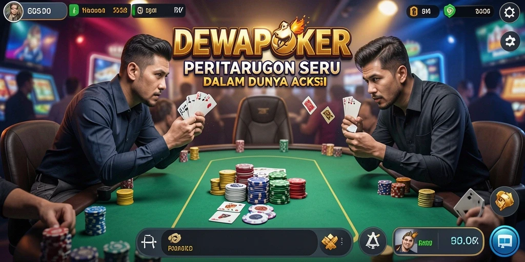 Screenshot DEWAPOKER menunjukkan momen intens dalam pertandingan poker aksi.