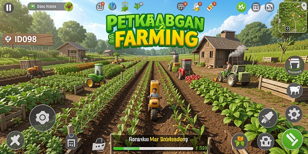 Screenshot ID098 menunjukkan pemain mengelola lahan pertanian dengan berbagai tanaman.