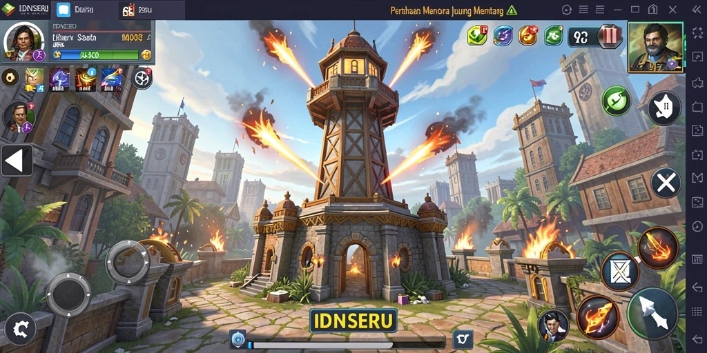 Tangkapan layar gameplay IDNSERU menampilkan aksi menara pertahanan yang mendebarkan.
