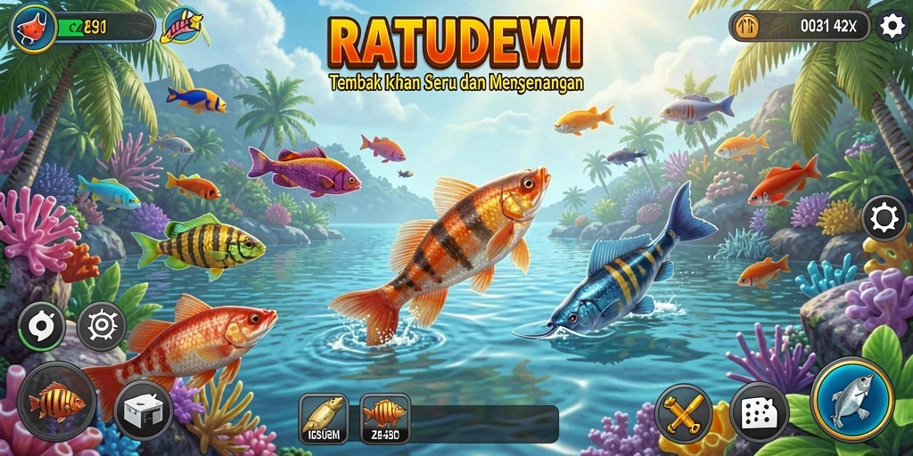 Tangkapan layar gameplay RATUDEWI dengan aksi tembak ikan yang seru.