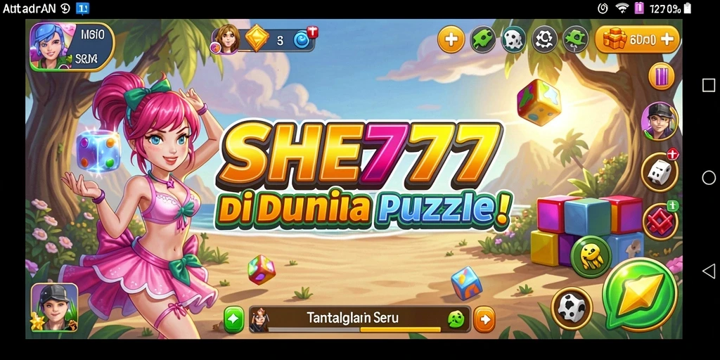 Tampilan gameplay menantang di SHE777, penuh warna dan teka-teki.