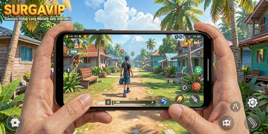 Screenshot gameplay SURGAVIP menunjukkan karakter berinteraksi di dunia virtual.